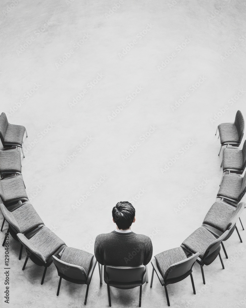 Poster circular team strategy meeting setup minimalist gray office chairs in modern layout - enhancing corp
