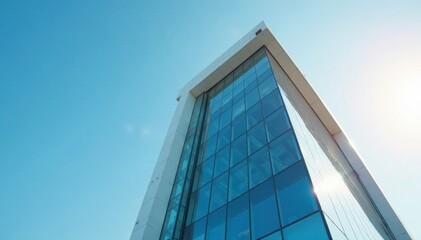 Sleek glass tower, crisp white roofline, daytime sun, design, sky