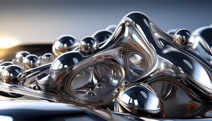 Macro shot of liquid metal, such as gallium or mercury, forming futuristic abstract shapes. The close-up captures the fluid motion, gleaming surface, and intricate details of the metal’s shape-shiftin