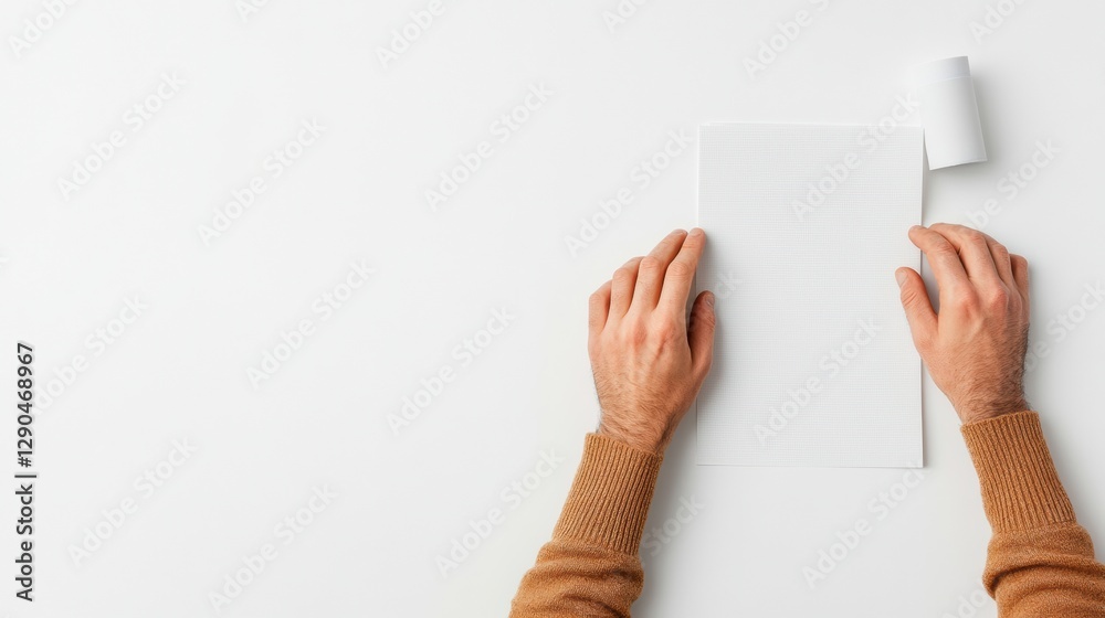 Poster minimalist financial planning layout hands with paper and calculator on white surface - strategic re