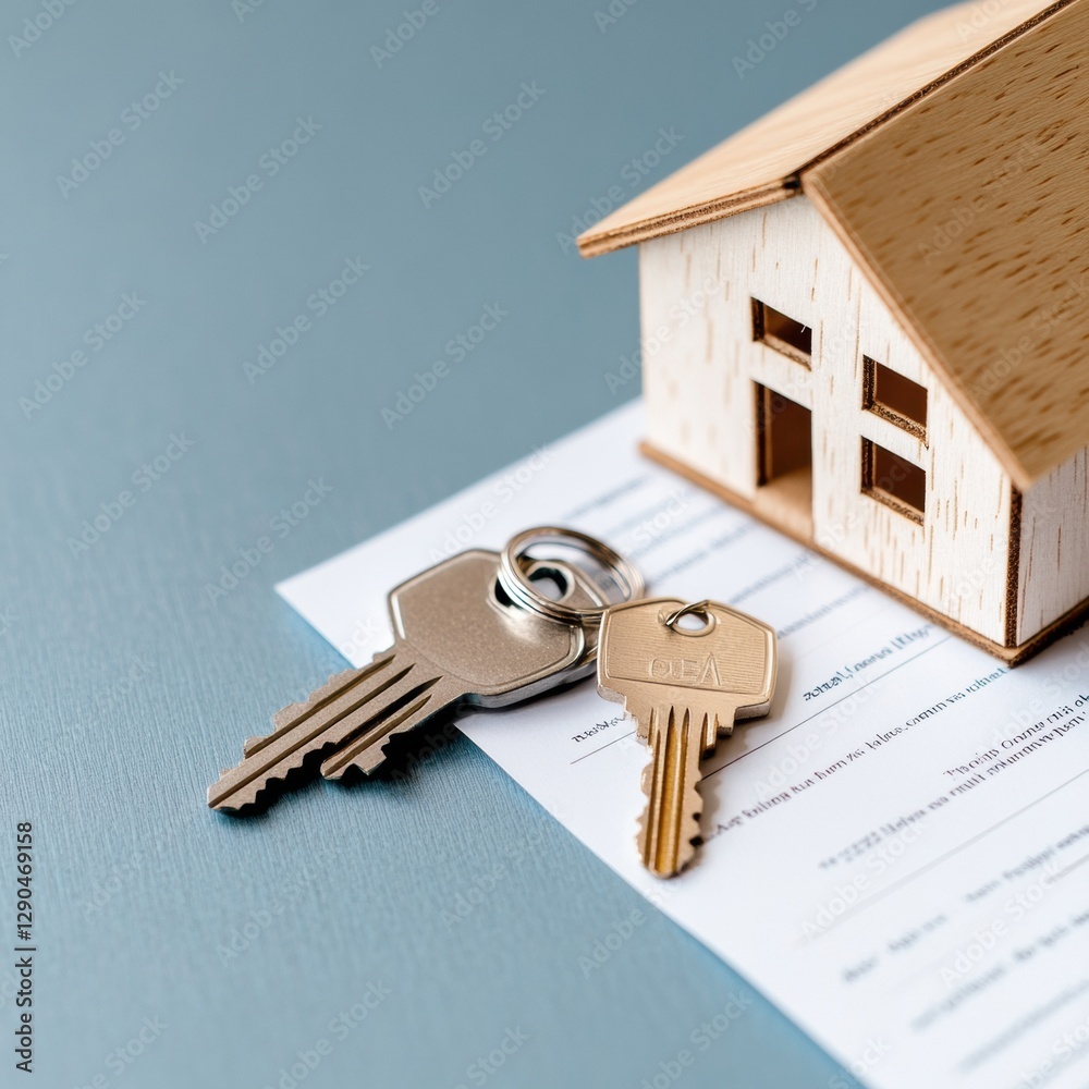 Poster scandinavian property investment display minimalist wooden house model with metallic keys on texture