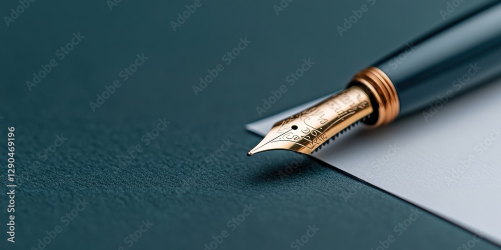 Poster sophisticated executive writing premium metal nib fountain pen on textured desk surface - authority 