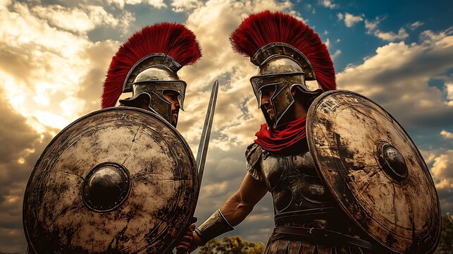 Two Roman Soldiers Prepare for Battle on Cloudy Sky Backgrounds