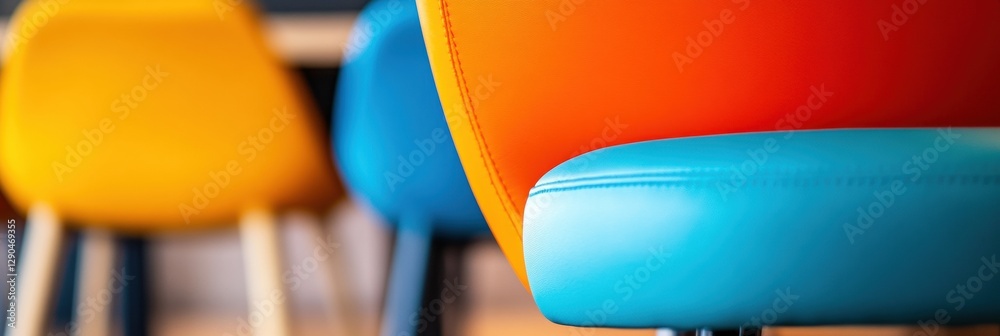 Aufkleber Retro Modern Workspace Dynamics Vibrant Leather Seating with Colorful Accents in Co-working Environment - Trendy Office Design for Creative Collaboration and Enhanced Productivity
