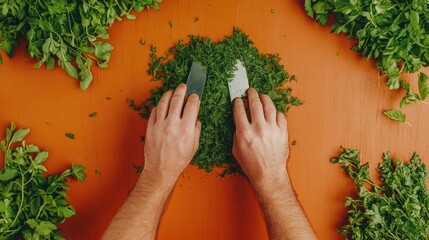 Contemporary Culinary Artistry Dynamic Knife Skills on Rustic Wooden Board with Herbs - Premium Cooking Content and Professional Kitchen Training Materials
