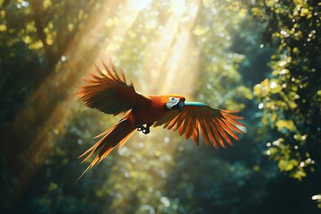 Scarlet macaw soaring through sunlit tropical forest canopy