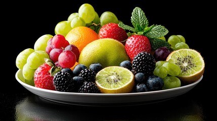 Fresh colorful fruits and berries on a plate, studio shot, for food photography or healthy eating content