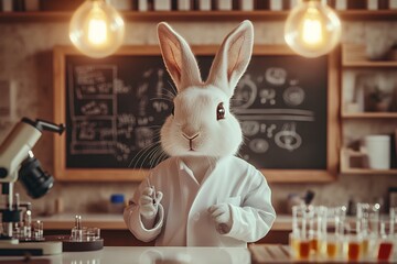 Cartoon rabbit scientist in lab coat conducting experiments in laboratory setting
