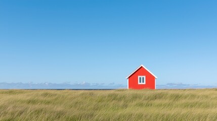 Red cottage on grassy dune overlooking ocean