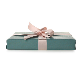 Blue gift box with pink bow on white background. International Women's Day