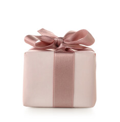 Gift box with pink bow on white background. International Women's Day