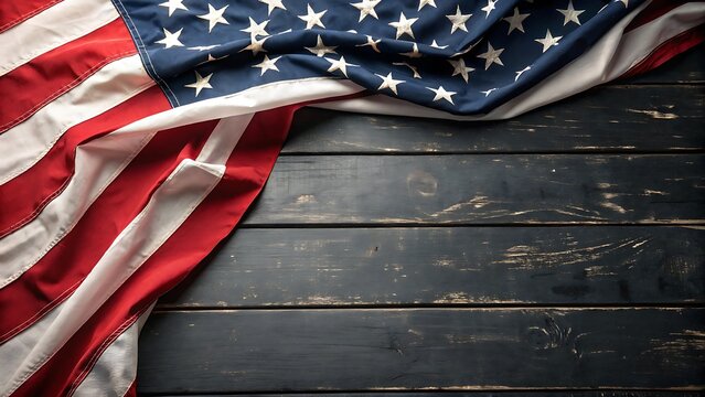 "American Flag Draped Over Weathered Wooden Surface"