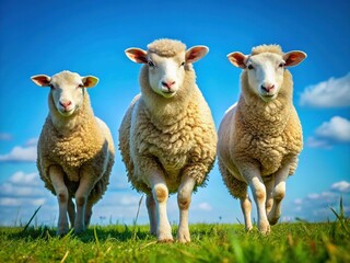 Obraz premium Three Cute Sheep Following Each Other Against a Vibrant Blue Sky - Adorable Farm Animals Stock Photo