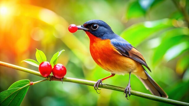 Taiwan Sibia Bird on Branch Eating Fruit - Stock Photo