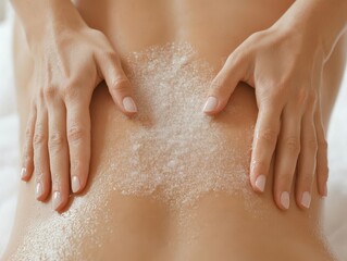 Naklejka premium Hands applying a body scrub in circular motions on the back, Exfoliation Technique, emphasizing proper methods in spa treatments, 3D render