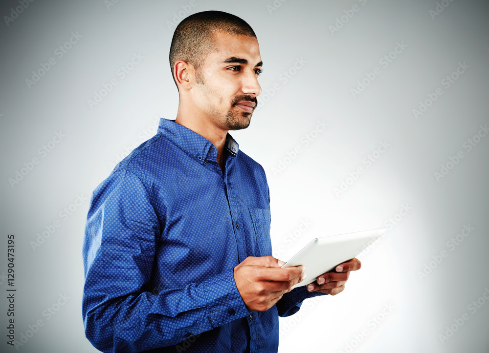 Poster business, thinking and man in studio, tablet and professional on gray background. person, model and 