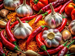 Vibrant Culinary Still Life: Fresh Garlic, Chili Peppers & Spices