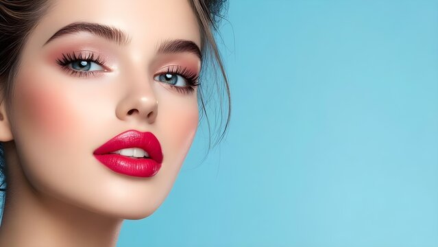 A close-up portrait of a woman with striking makeup, featuring bold red lips and blue eyes against a light blue background. Concept Bold Makeup Art, Striking Red Lips, Blue Eyes Beauty