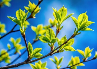 Obraz premium Vibrant Spring: Fresh Green Leaves on Branch Against Blue Sky