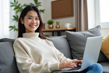 A Young Asian Woman in Sweater Working on a Laptop at Home While Sitting Comfortably on a Couch with a Cozy Living Room Background