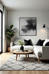 Bright Scandinavian living space, black and white accents, wooden details, modern, wood, wooden furniture