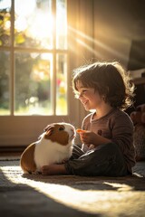 A child and their guinea pig sit in a sunlit room, The guinea pig nibbles on a carrot while the child smiles, Generative AI
