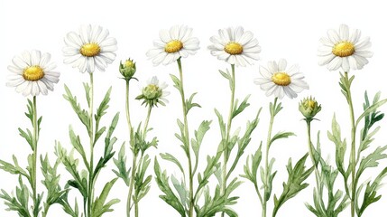 A watercolor illustration of daisies in various stages of bloom.