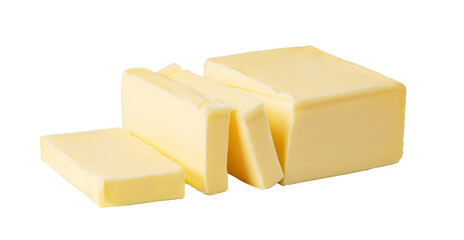 Butter block and slices resting on transparent background