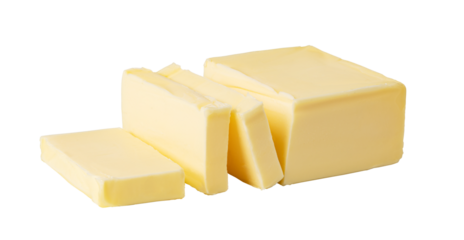 Butter block and slices resting on transparent background