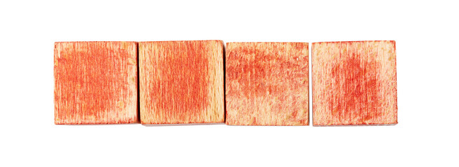 Four blank red wooden blocks forming a row on transparent background