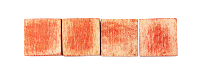 Four blank red wooden blocks forming a row on transparent background