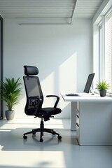 Sleek black chair at a pristine white desk in a vast office , chair, professional, business