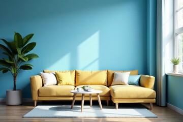 Fototapeta premium Soft blue wall, comfy seating area, natural light, house, relaxed, contemporary