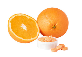 Orange effervescent tablets vitamins C on transparent background