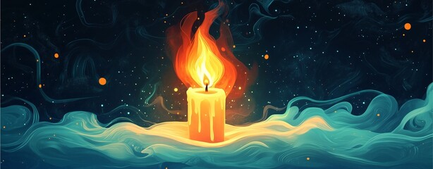 Glowing candle in mystical atmosphere with dreamy night sky, artistic candle in mystical atmosphere, spiritual light in darkness illustration