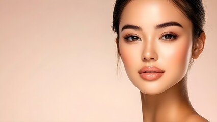 Fototapeta premium A close-up portrait of a young woman with glowing skin, subtle makeup, and a neutral background, showcasing her natural beauty. Concept Close-Up Portrait, Natural Beauty, Glowing Skin, Subtle Makeup