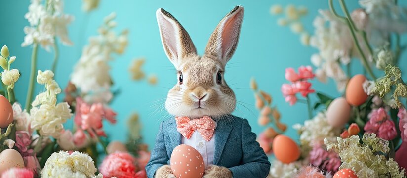 Gentleman rabbit in a blue suit holding an egg surrounded by pastel flowers and colored eggs against a bright turquoise background.