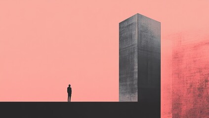 Solitary figure confronts massive concrete structure against dusky pink sky