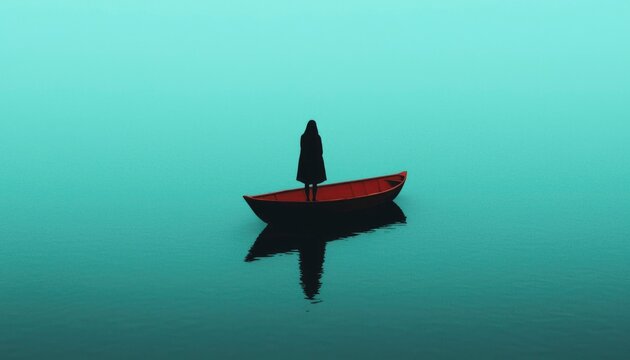 Woman standing in red rowboat on calm water, reflection, loneliness, meditation