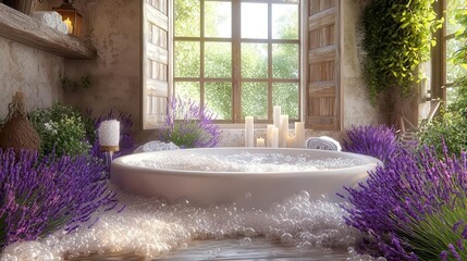 Luxurious Lavender Bubble Bath in Rustic Bathroom