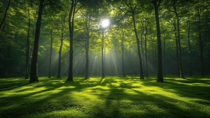 Fototapeta premium Sunlight streams through forest canopy, lush green trees, morning light