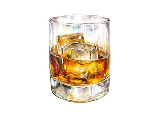 A Watercolor Painting of a Glass of Whiskey with Ice Cubes A Refreshing Beverage Art