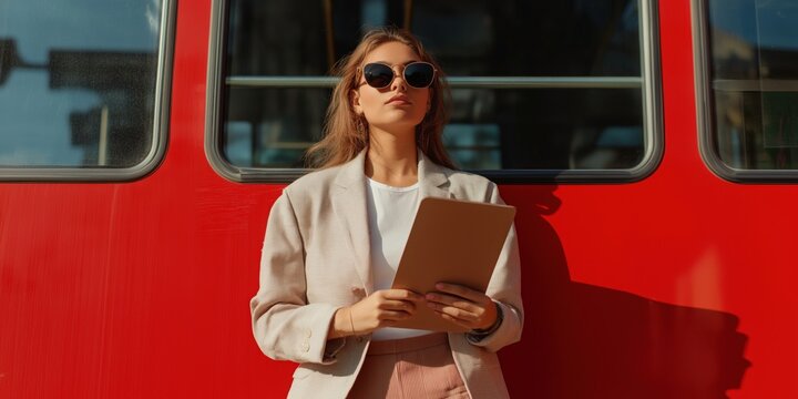 Stylish woman with tablet standing beside a red vehicle in an urban setting