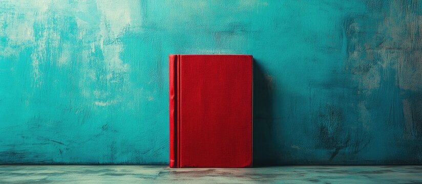 Red book centered against a textured blue wall, creating a vivid contrast that highlights the book's striking color and boldness.