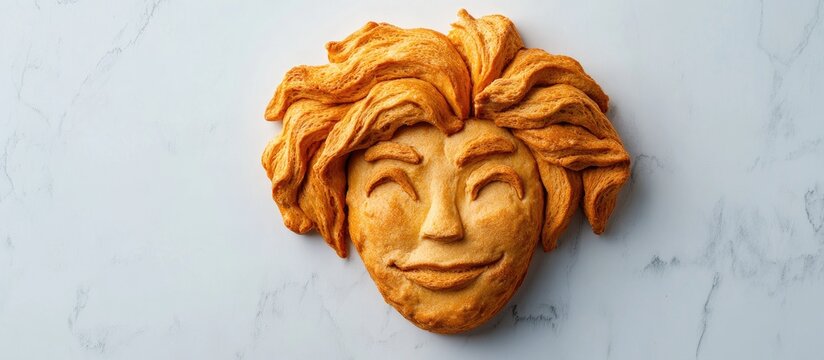 Comical bread figure with orange hair and smiling face on white background, viewed from above, colorful plasticine, Ocean Detox theme.