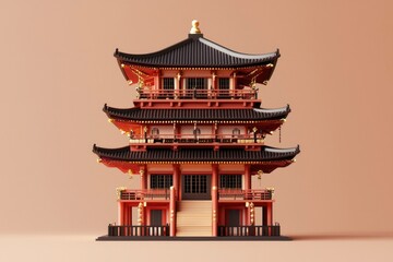 Red and black pagoda temple on a plain background for travel or culture ads