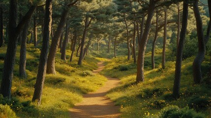 Fototapeta premium Sunlit forest path winding through tall pines