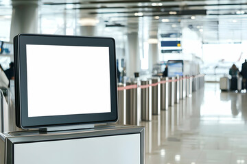 Naklejka premium A blank advertising screen mockup on a sleek information kiosk at an airport departure gate.