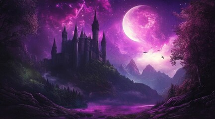 Captivating castle landscape illuminated by an unusual twilight hue.