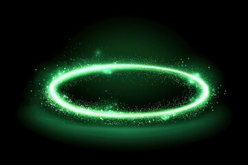 Glowing green ring with sparkle effect, on black background. Abstract concept